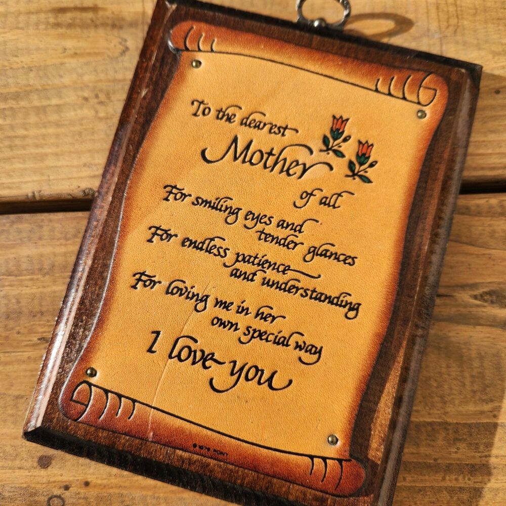Vintage 1976 Tooled Leather & Wood  Dearest Mother Love Scroll Wall Art 8x5 VGVC